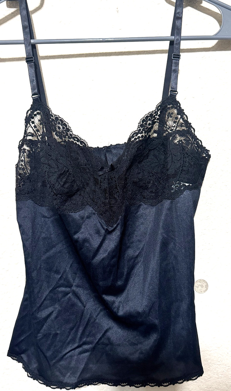 VTG 90s Y2K Black Nylon Camisole Lace trim sz 32/S Vassarette USA fairy cami